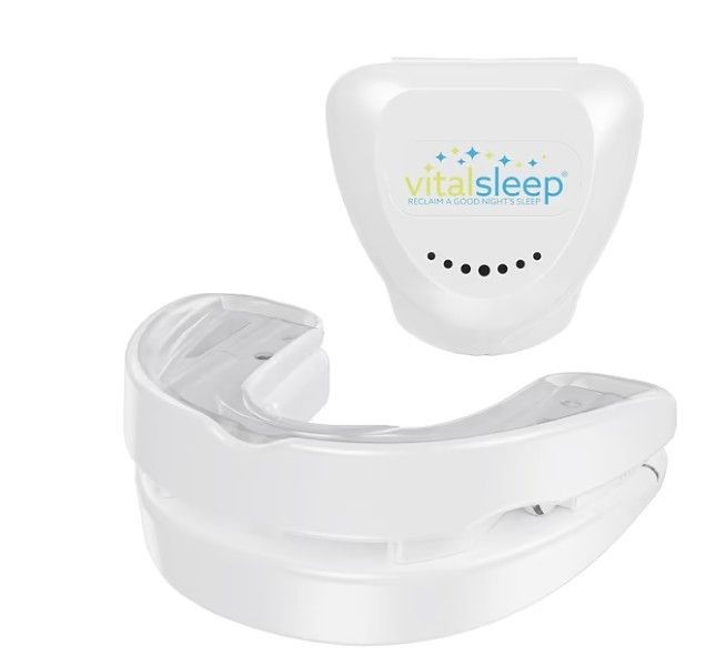 VitalSleep mouthpiece for improving sleep quality, featuring a white design and logo.