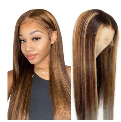 Woman wearing a highlighted straight wig next to close-up of the same wig on a mannequin head.