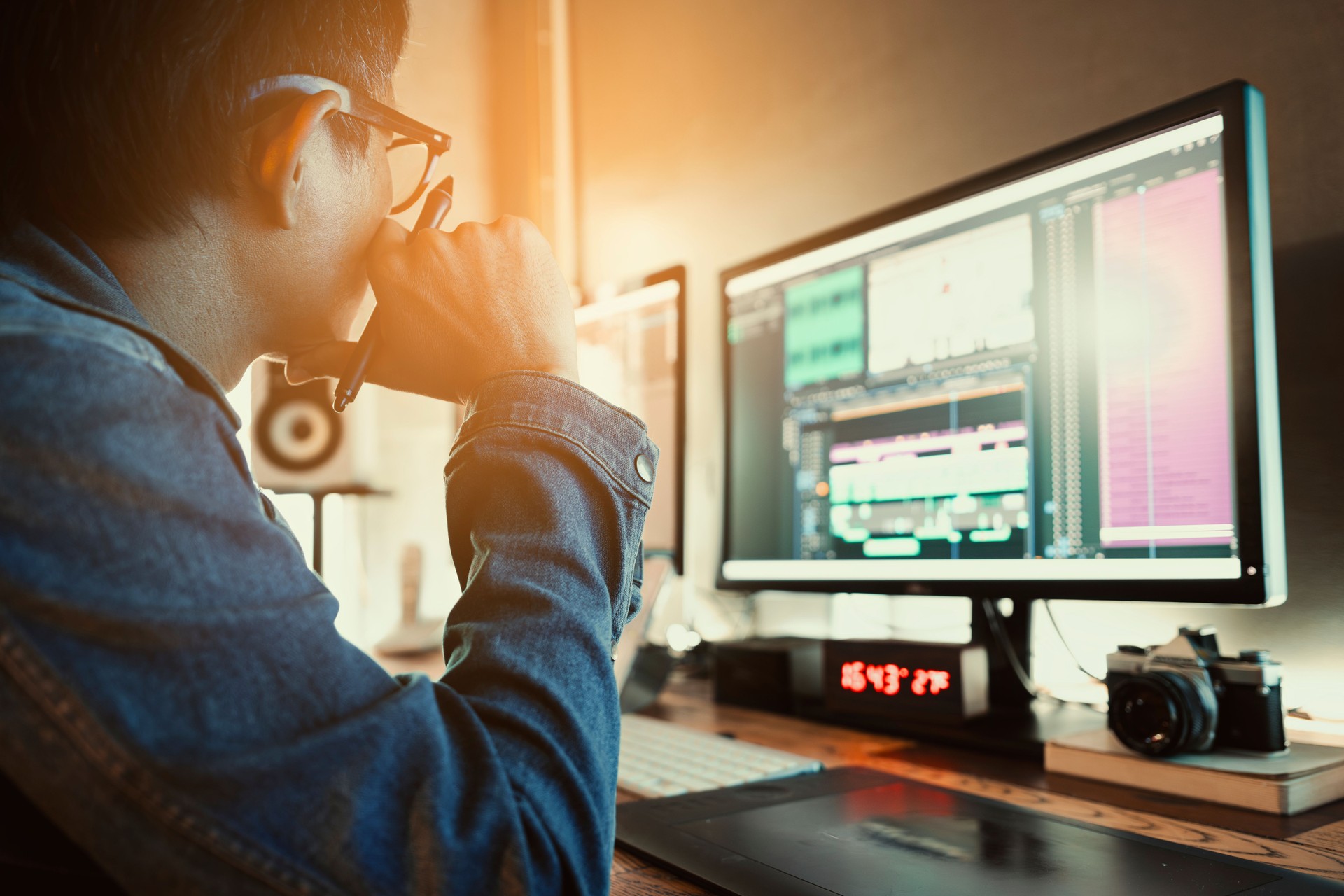 Asian  male movie video editor wearing denim jacket, works with footage or video on his personal computer, in his creative office studio.