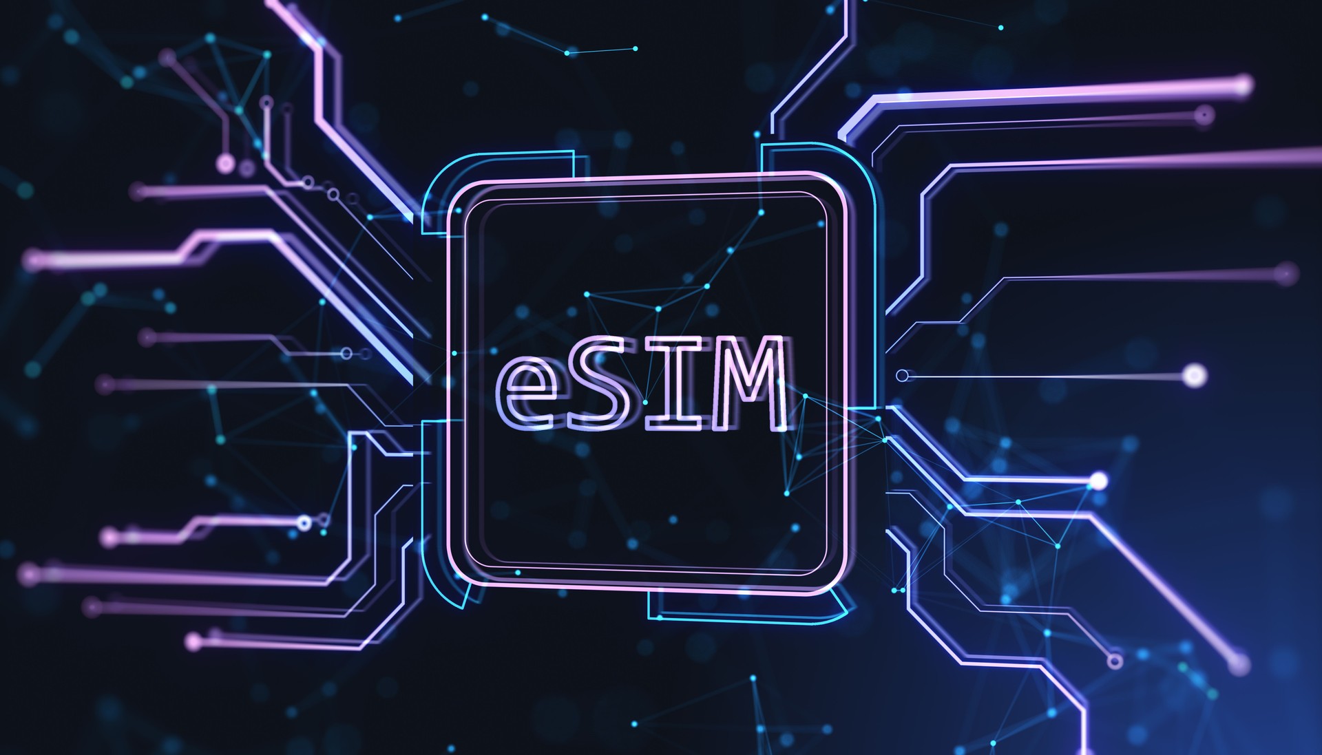 Digital representation of an eSIM concept on a blue cybernetic background, featuring a glowing outline and circuitry motifs. 3D Rendering
